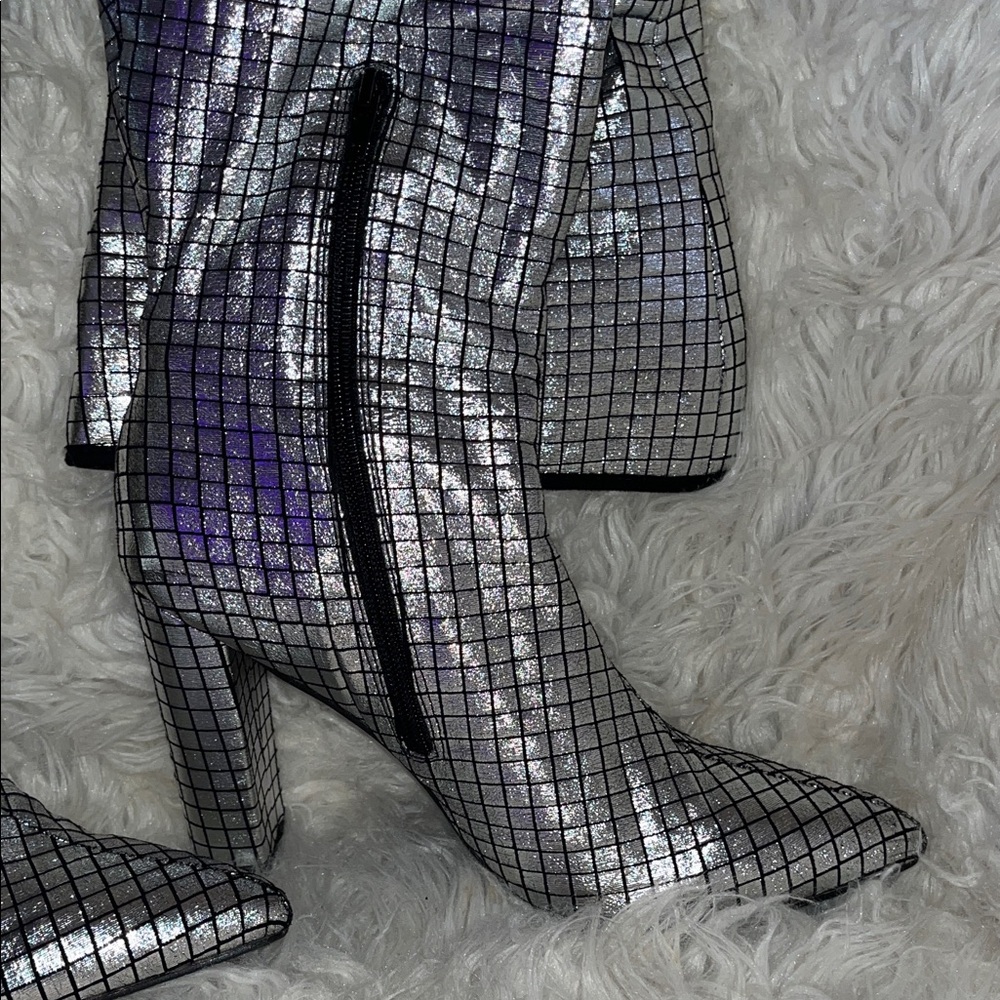 Silver Holographic Grid Knee-High Boots - Women - Picture 4 of 11